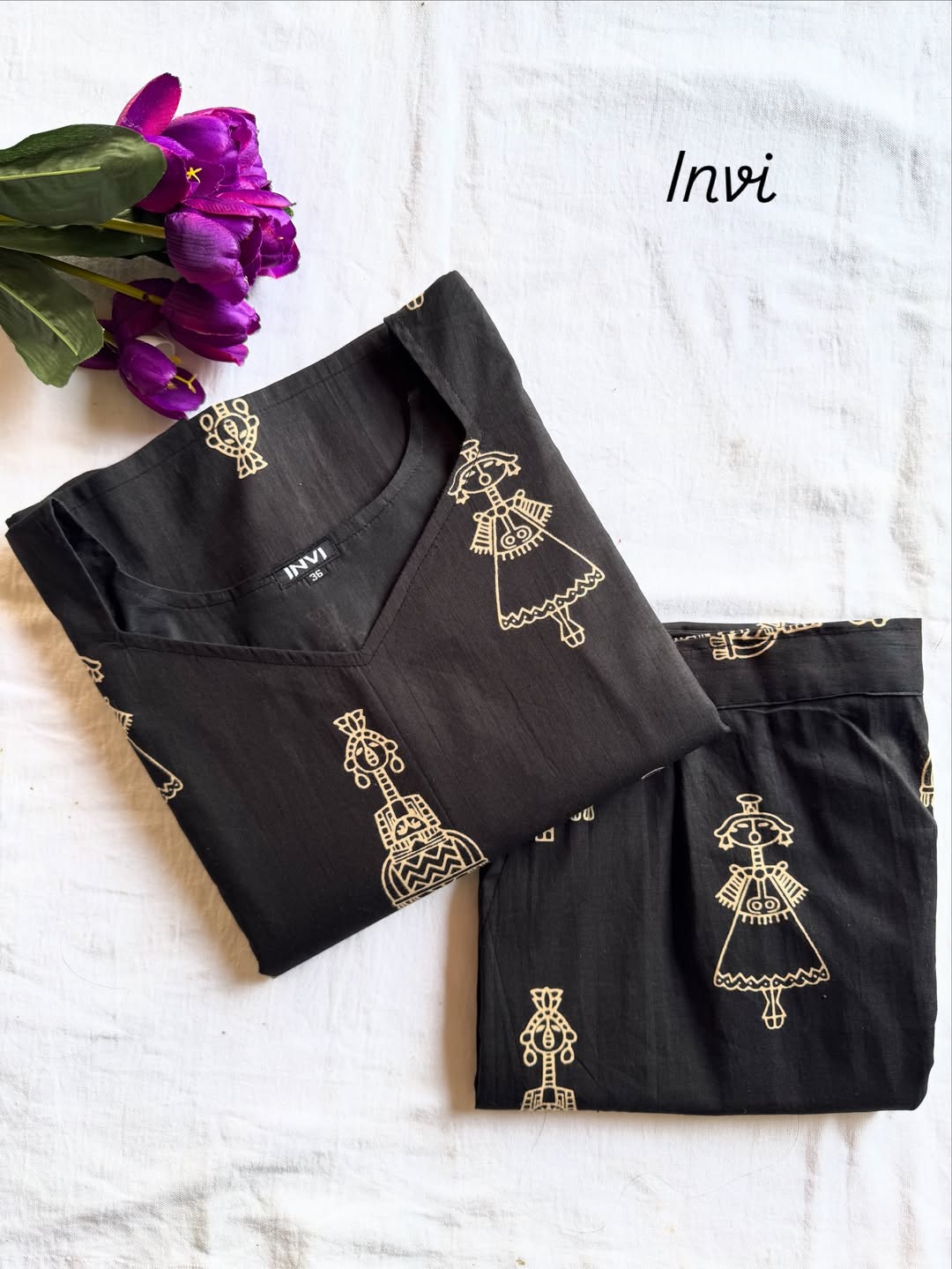 Black Tribal Doll Print Cotton Co-Ord Set-PI : ICC00013