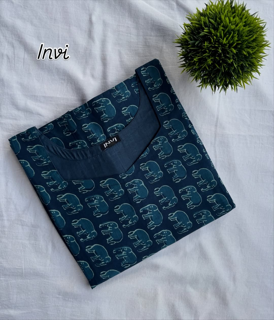 Indigo Blue Elephant Print Cotton Kurthi-PI : ICK00017