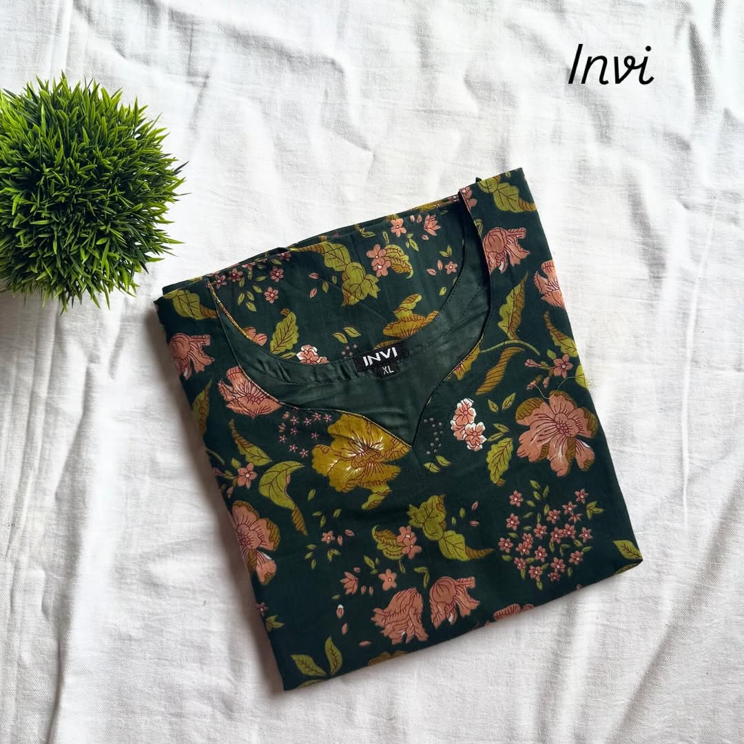 Forest Green Floral and Vine Print Kurthi-PI : ICK00026