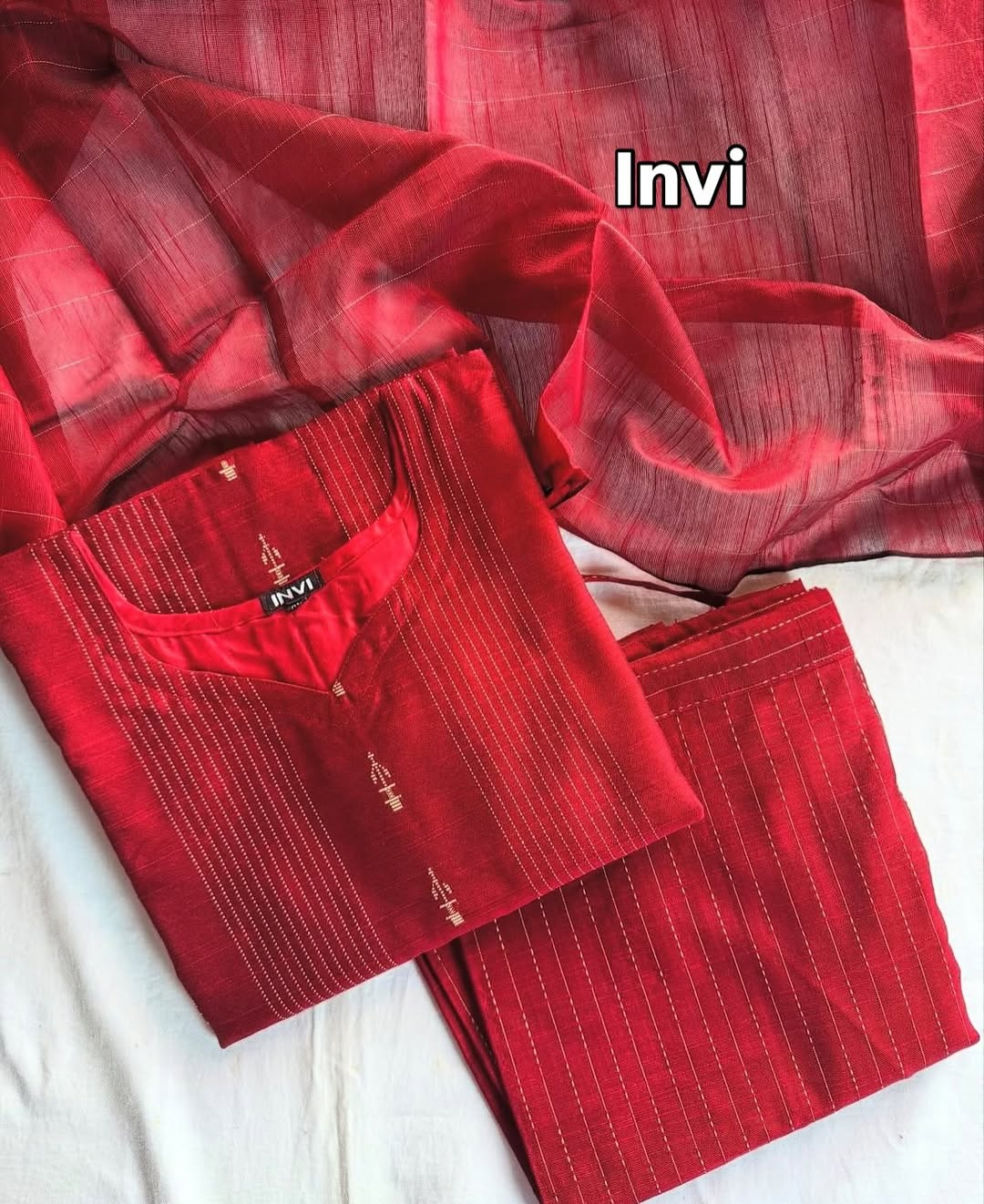 Deep Red Chanderi Cotton Zari Striped Suit Set-PI : ICS00040