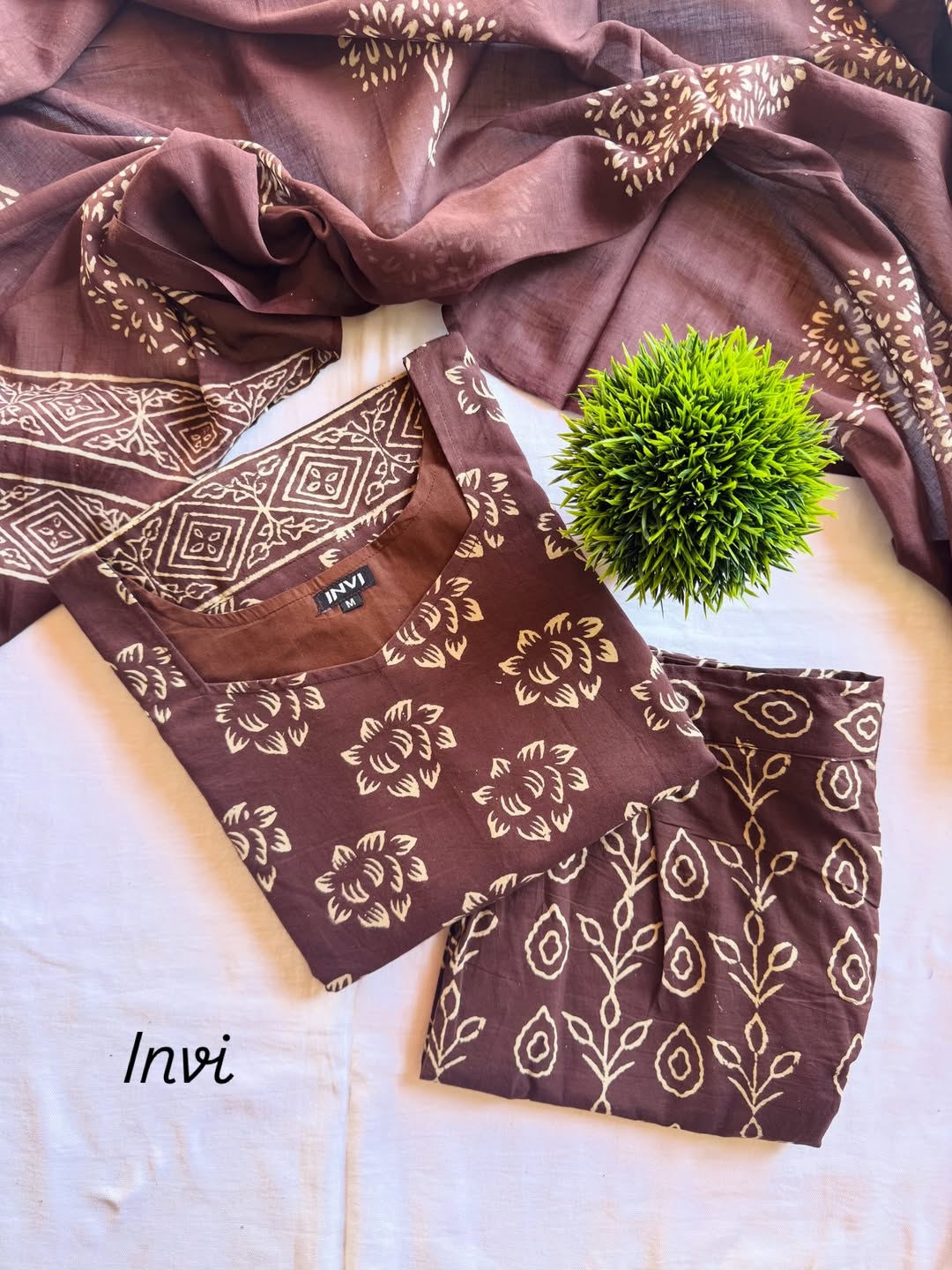 Coffee Brown Hand Block Floral Print Cotton Suit Set-PI : ICS00077