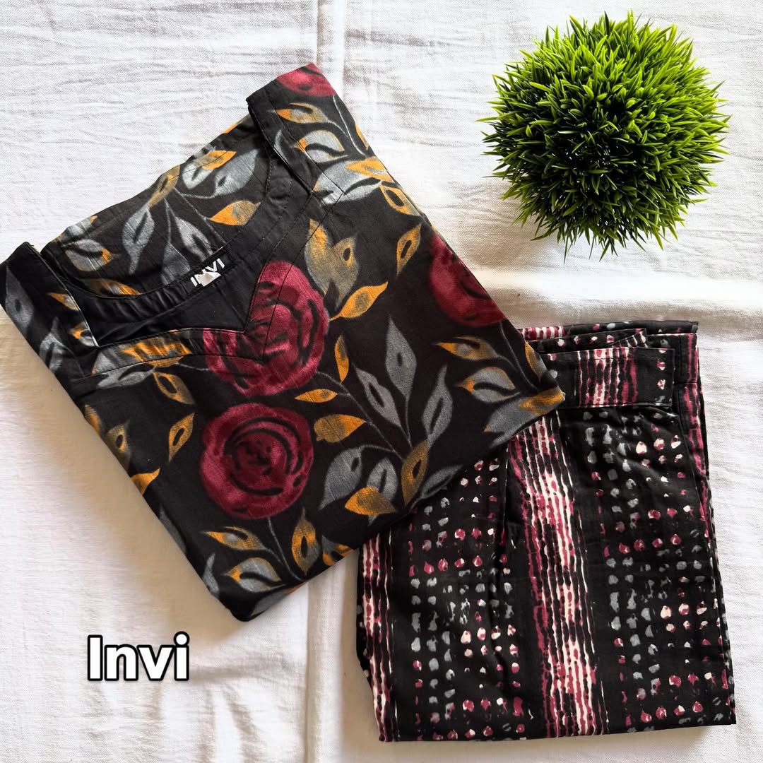 Black Rose & Abstract Stripe Cotton Co-Ord Set-PI : ICC00009