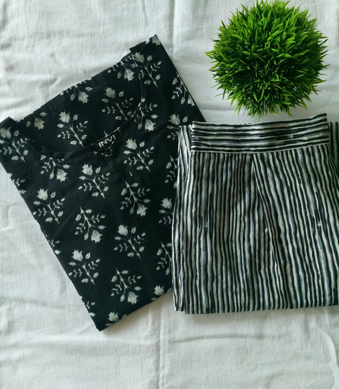 Black Floral & Striped Cotton Co-Ord Set-PI : ICC00010