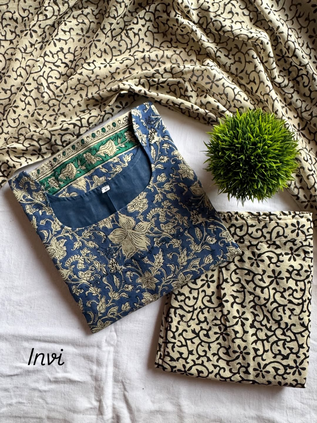 Blue & Beige Printed Cotton Salwar Suit Set-PI : ICS00004