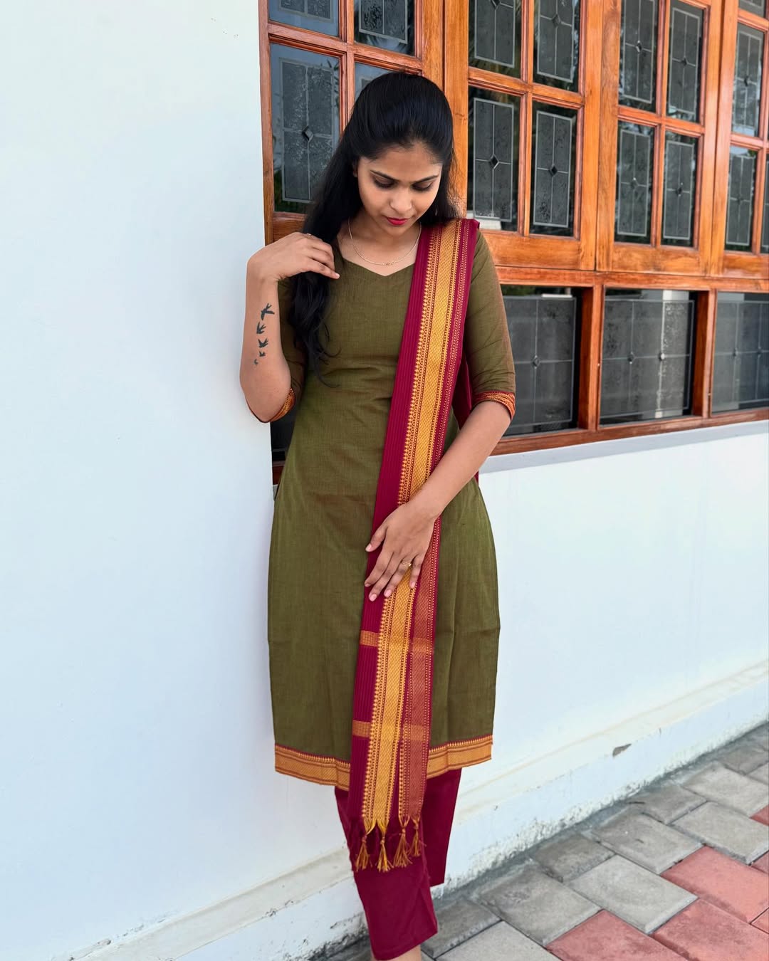 Olive Maroon Salwar Set-PI : ICS00090
