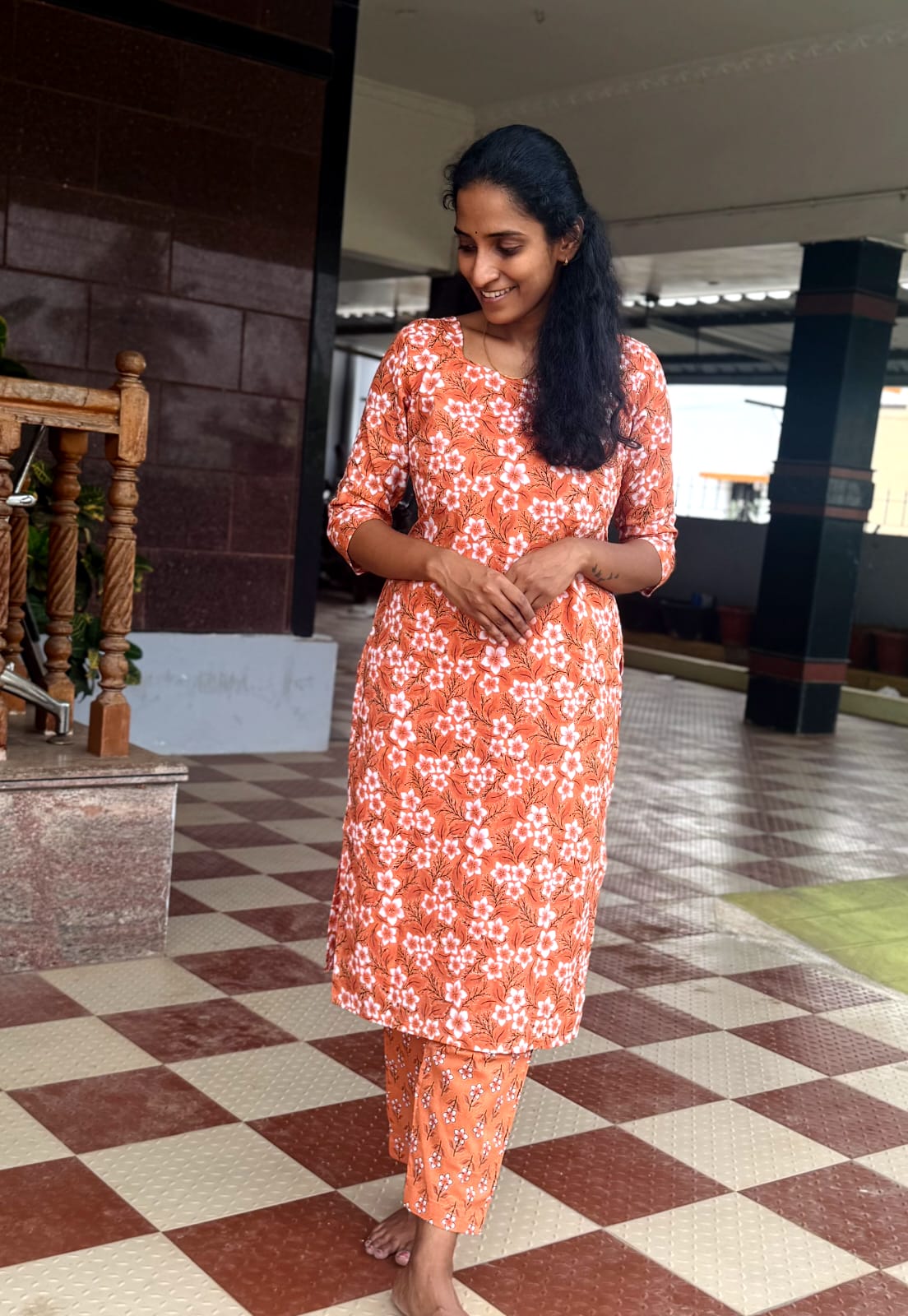 Orange Floral Cotton Kurthi Set-PI : ICC00027
