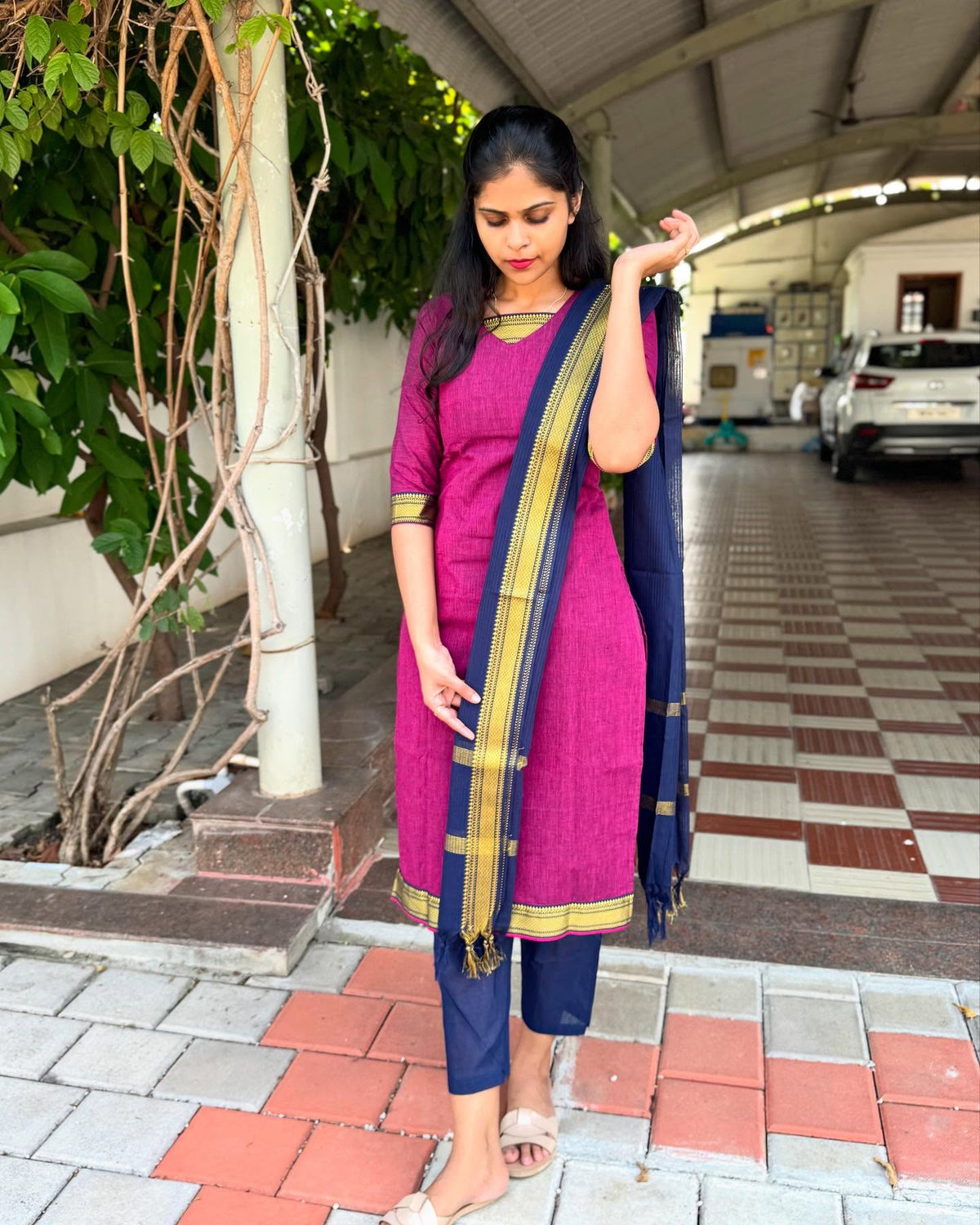 Magenta Cotton Kurti with Navy Blue Dupatta-PI : ICS00173