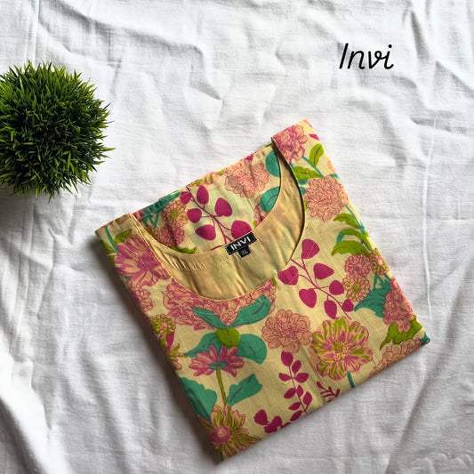 Yellow Multicolor Floral Block Print Cotton Kurthi-PI : ICK00011
