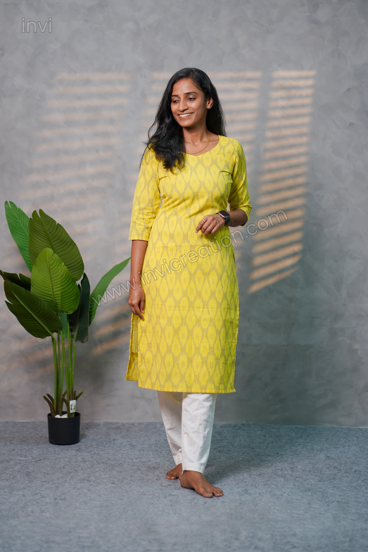 Yellow Pure Cotton Ikat Kurthi-PI : ICK00130