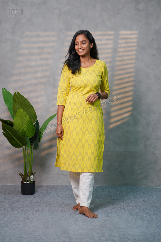 Yellow Pure Cotton Ikat Kurthi-PI : ICK00130