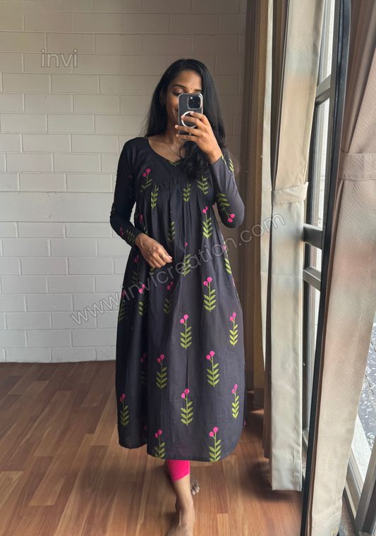 Black Floral Cotton A line Kurthi -PI : ICK00131