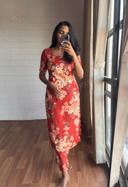 Rust Red Floral Cotton Kurthi Set-PI : ICC00065