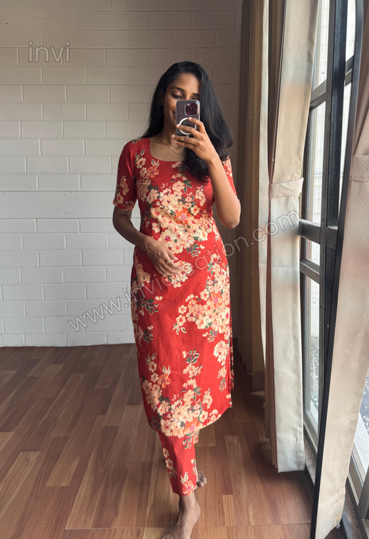 Rust Red Floral Cotton Kurthi Set-PI : ICC00065