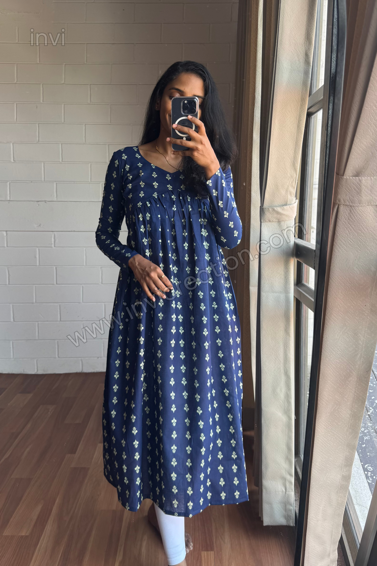 Navy Blue Printed Cotton A Line Kurthi-PI : ICK00132