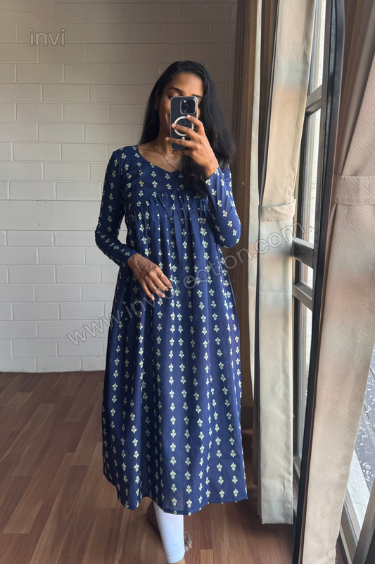 Navy Blue Printed Cotton A Line Kurthi-PI : ICK00132