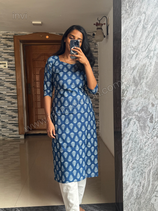 Indigo Blue Leaf Print Cotton Kurthi-PI : ICK00133