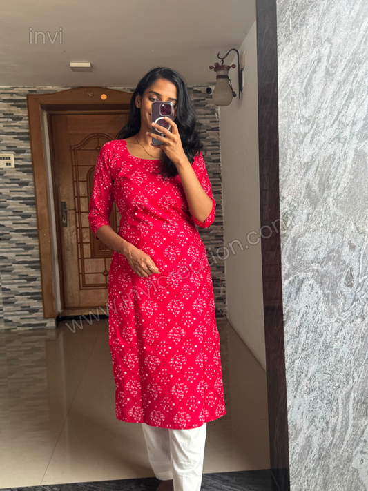 Ruby Red Bandhani Print Cotton Kurthi-PI : ICK00134