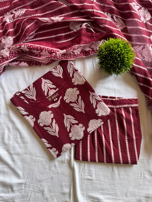 Ruby Leaf Cotton Suit Set-PI : ICS00136