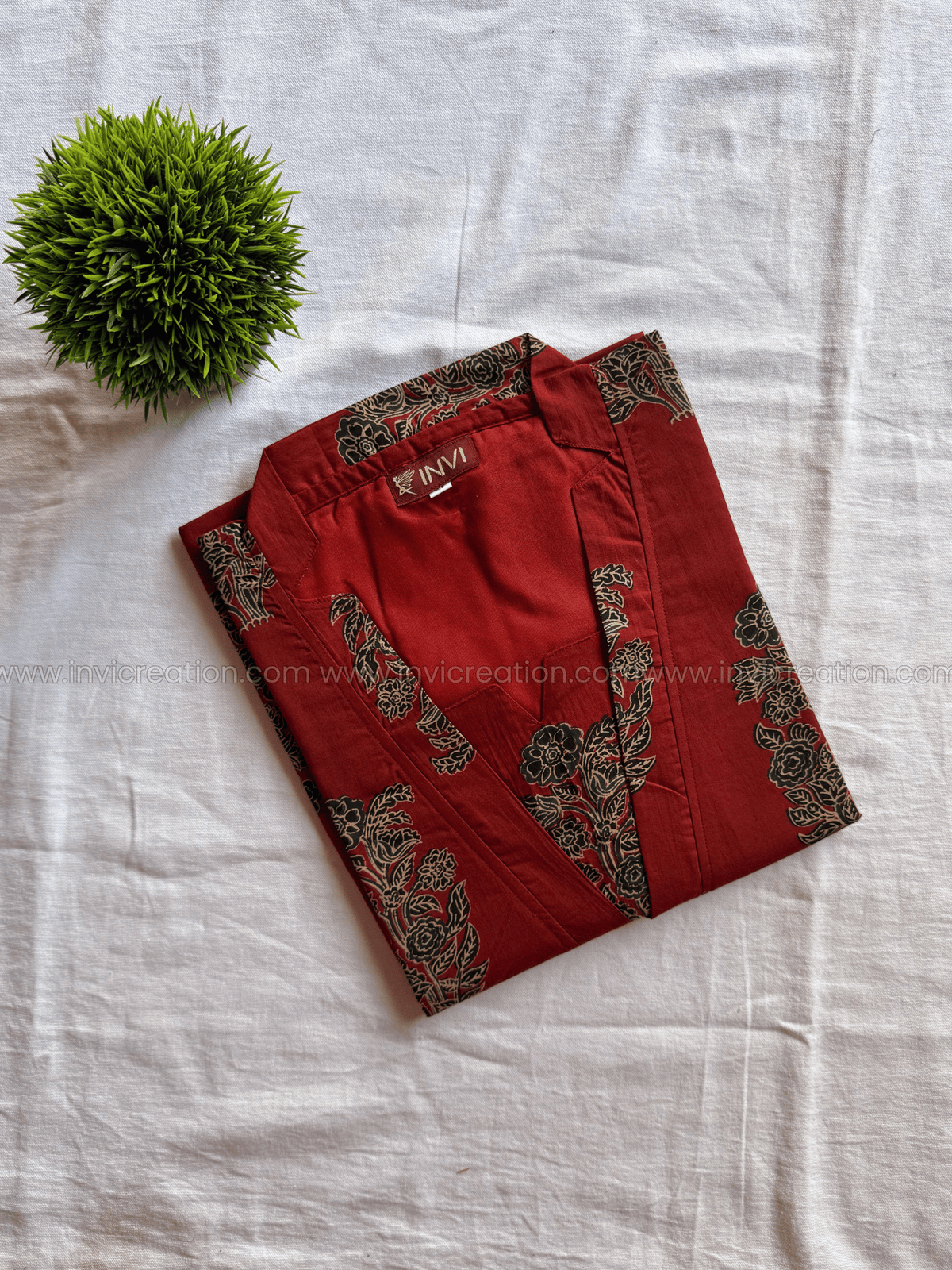 Rust Red Cotton Kurti with Printed Border-PI : ICK00140*