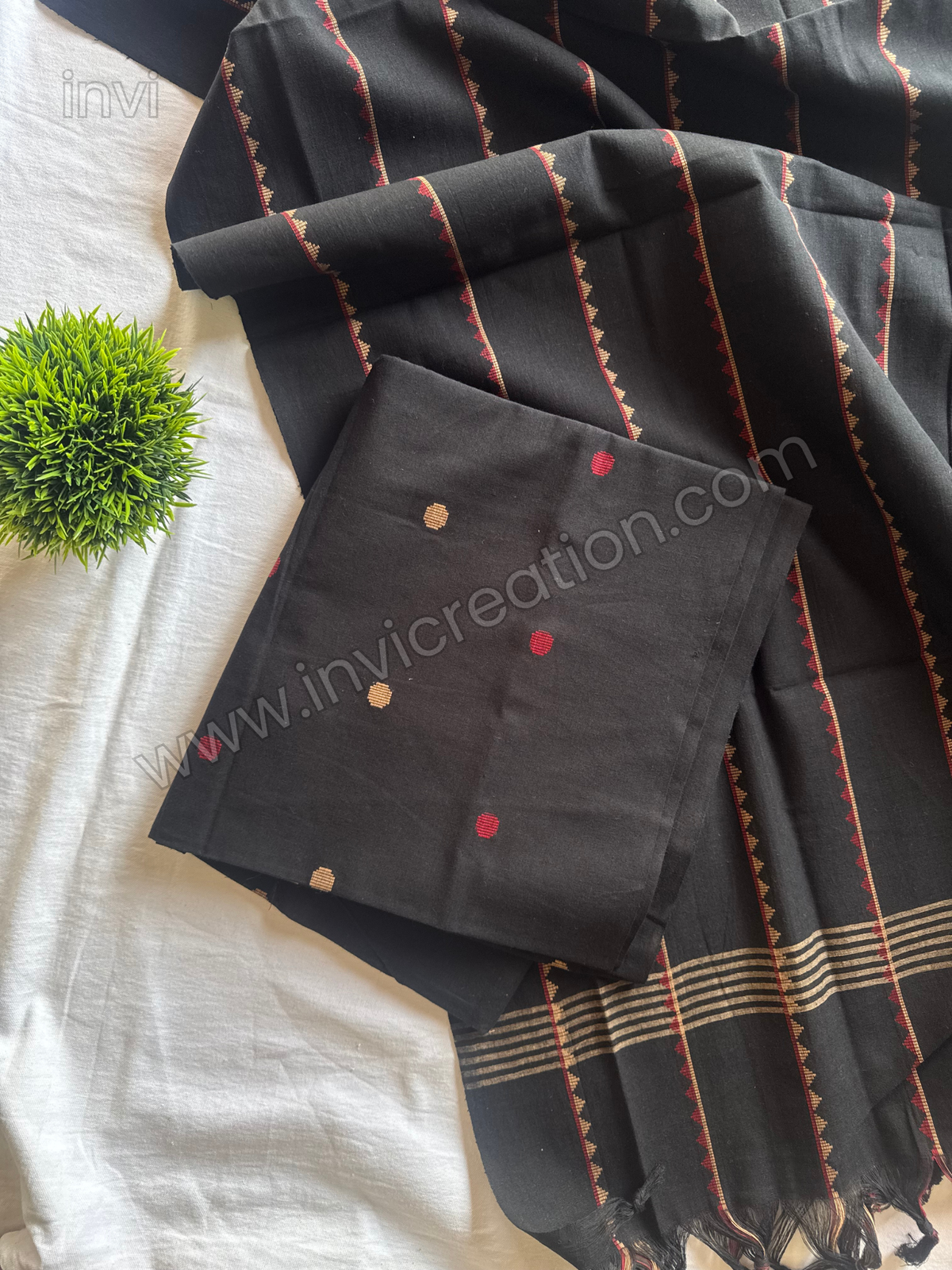 Midnight Black Woven Cotton Top & Shawl Set-PI : ICS00150