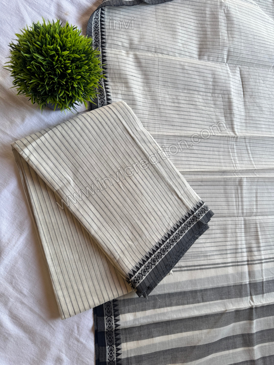 Ivory Grey Striped Cotton Top & Shawl Set-PI : ICS00151