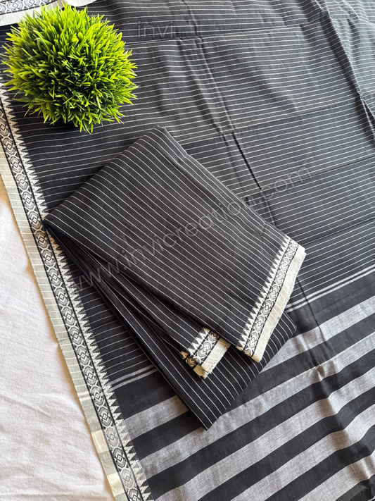 Charcoal Black Striped Cotton Top & Shawl Set-PI : ICS00152