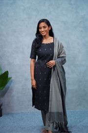 Black Cotton Kurti with Grey Dupatta Set-PI : ICS00175