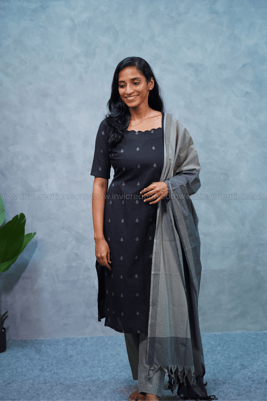 Black Cotton Kurti with Grey Dupatta Set-PI : ICS00175