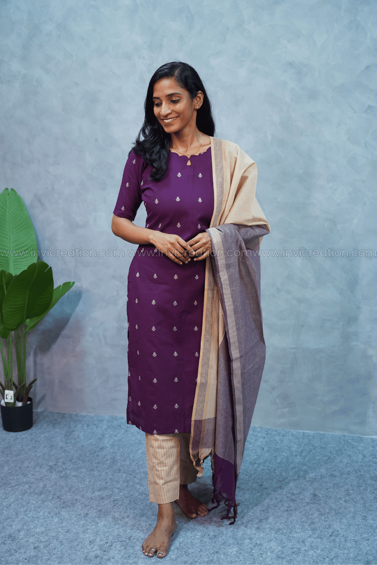 Purple Cotton Kurti Set with Dupatta-PI : ICS00176