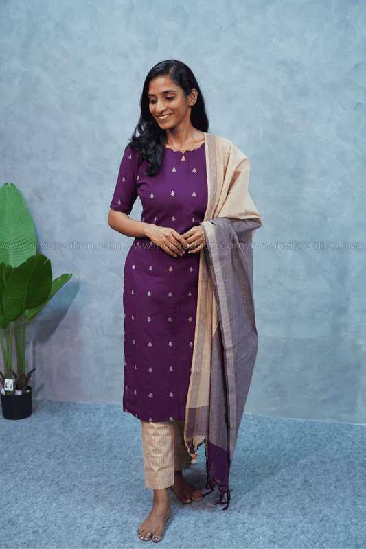 Purple Cotton Kurti Set with Dupatta-PI : ICS00176