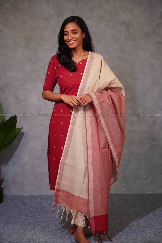 Red Cotton Kurti Set with Dupatta-PI : ICS00177