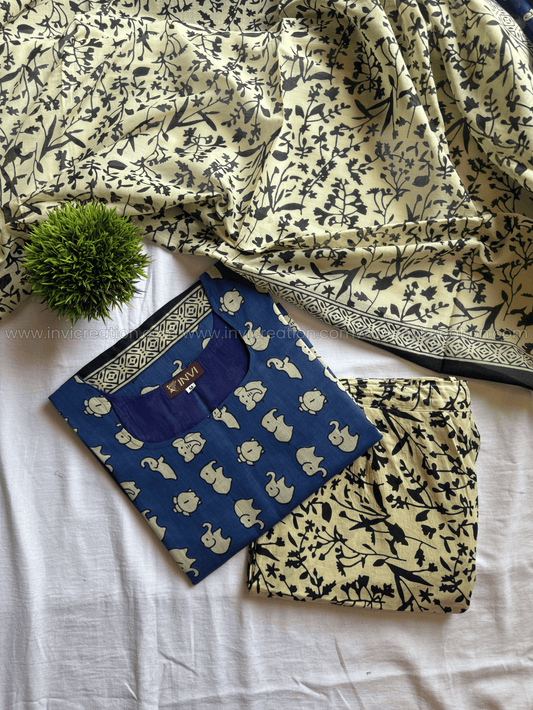 Indigo Blue & Ivory Floral Print Cotton Salwar Set-PI : ICS00178