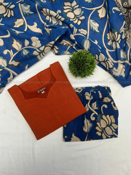 Rust Orange & Royal Blue Floral Printed Cotton Salwar Set-PI : ICS00187