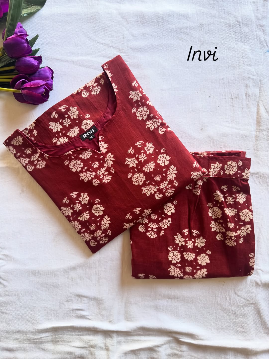 Maroon Floral Cluster Cotton Co-Ord Set-PI : ICC00018