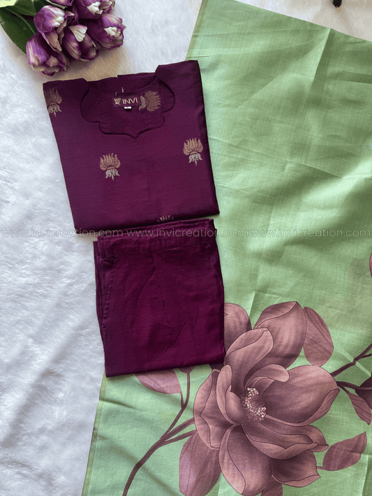 Premium Raw Silk Burgundy & Sage Green Set-PI : ICP00191*