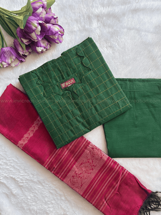Premium Raw Silk Emerald Green Checked Salwar Set-PI : ICP00198*