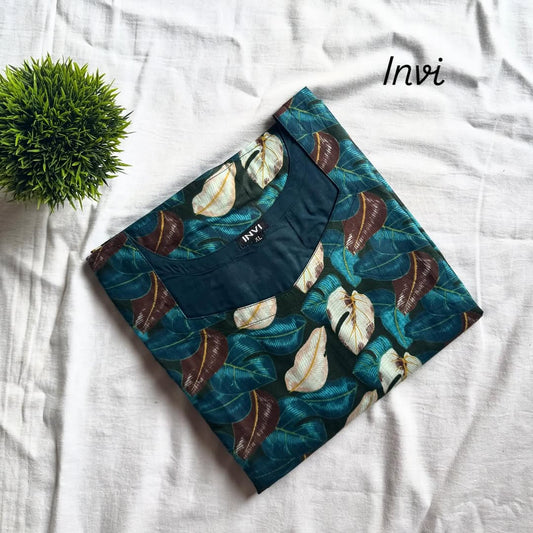 Dark Teal Tropical Leaf Print Kurthi-PI : ICK00020