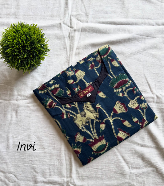 Navy Blue Floral Printed Cotton Kurthi-PI : ICK00138