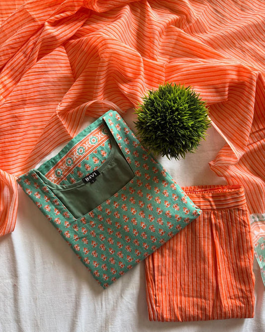 BIBA Green Printed with Palazzos & Orange Suit Set-PI : ICS00021