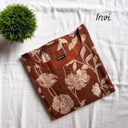 Rust Brown Large Floral Print Kurthi-PI : ICK00024