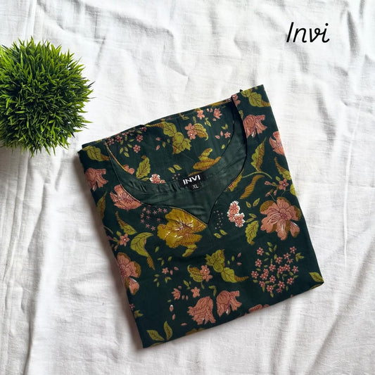 Forest Green Floral and Vine Print Kurthi-PI : ICK00026