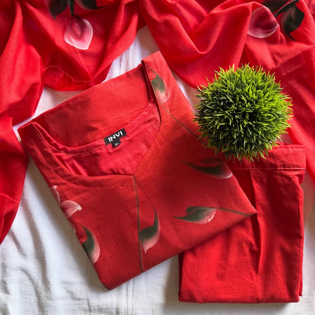 Red Floral Hand Paint Suit Set-PI : ICS00028