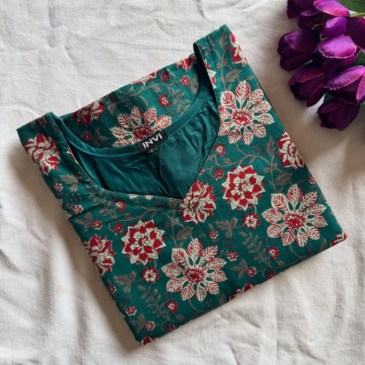 Teal Green Bold Floral & Foliage Print Kurthi-PI : ICK00030