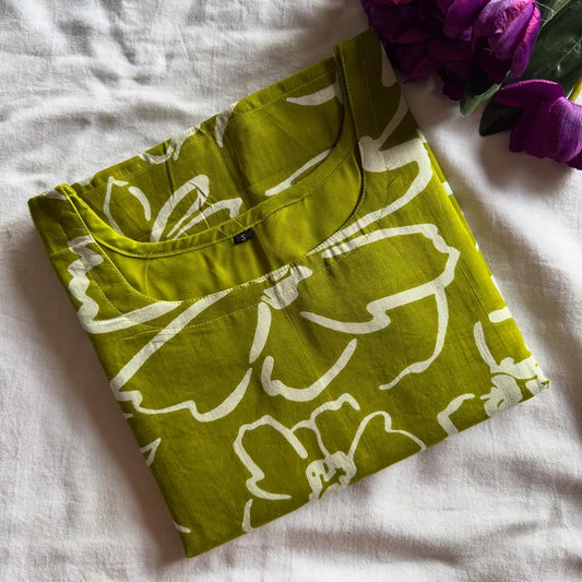 Chartreuse Green Large White Floral Outline Kurthi-PI : ICK00033