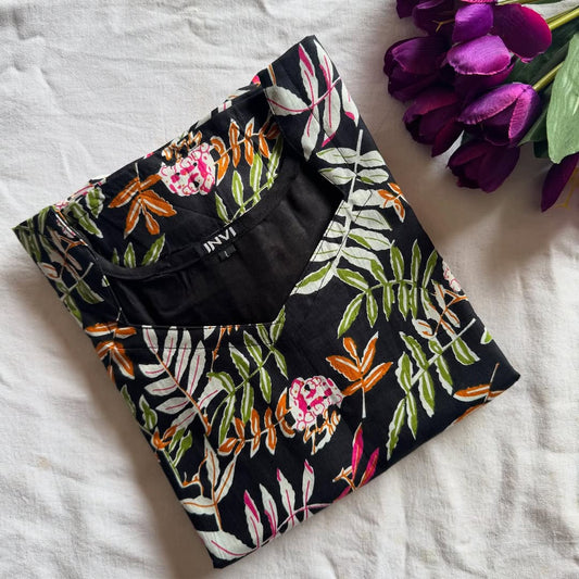 Black Tropical Leaf & Bloom Print Kurthi-PI : ICK00034