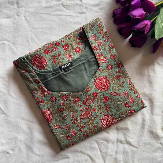 Sage Green Red Floral Jaal Print Kurthi-PI : ICK00035