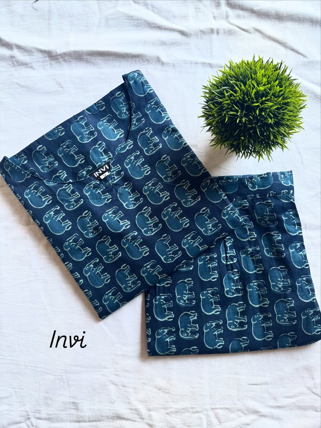 Navy Blue Elephant Print Cotton Co-Ord Set-PI : ICC00006
