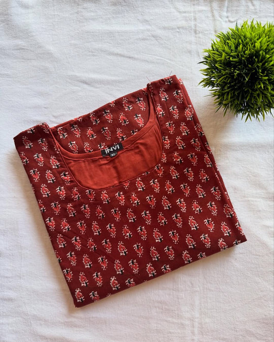 Deep Rust Red Ornate Floral Buta Print Kurthi-PI : ICK00050