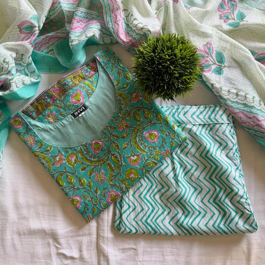 Sea Green Floral Hand-Block Printed Set-PI : ICS00051