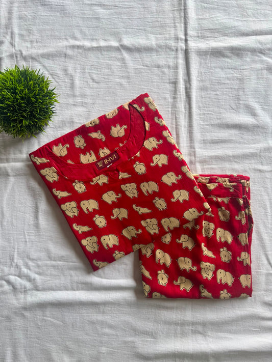 Red Elephant Print Cotton Co-ord-PI : ICC00052